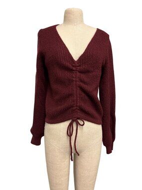 Forever 21 Burgundy Knit Sweater With Adjustable Tie Front Long Sleeves, Sustain